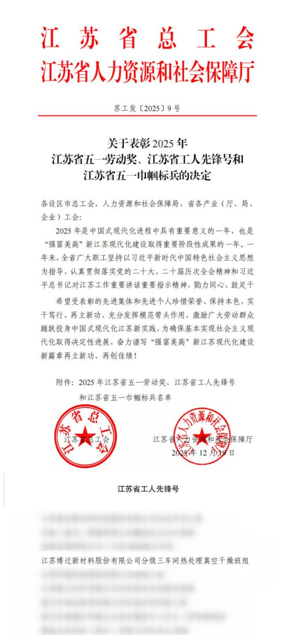 博迁公司分级三车间热处理真空干燥班组被授予 江苏省&ldquo;工人先锋号&rdquo;荣誉称号