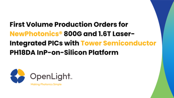 OpenLight 获得 NewPhotonics 800G 和 1.6T 激光集成光子集成电路 (PIC) 的首批批量生产订单，这些 PIC 采用 Tower Semiconductor PH18DA 硅基磷化铟平台
